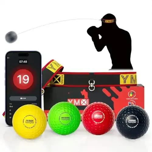 YMX BOXING® Ultimate Reflex Ball Set with Counter App - 4 React Reflex Ball Plus 2 Adjustable Headband, Great for Reflex, Timing, Accuracy, Focus & Coordination Training for Boxing, MMA and Krav Mega 