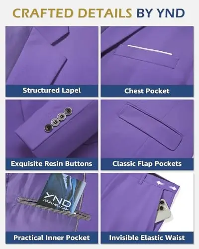 YND erkaklar uchun 3 qismli kostyum to'plami galstuk bilan, 2 tugmali tor bichimli tekis blazer, jilet, shim, erkaklar uchun biznes to'y ziyofati kostyumlari - 3