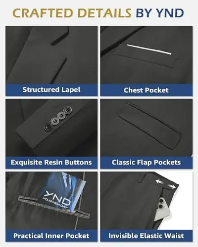 YND erkaklar uchun 3 qismli kostyum to'plami galstuk bilan, 2 tugmali tor bichimli tekis blazer kurtka jilet shim, erkaklar uchun biznes to'y ziyofati kostyumlari - 3