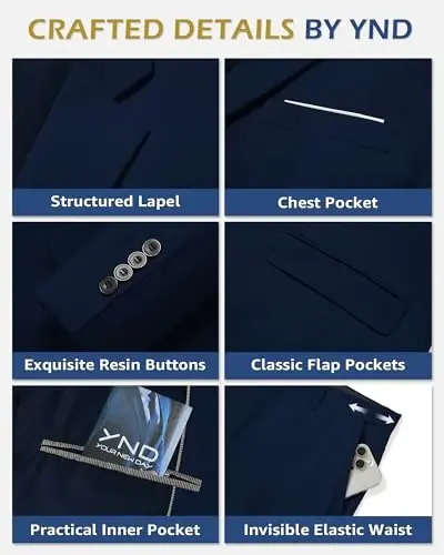 YND erkaklar uchun 3 qismli kostyum to'plami galstuk bilan, 2 tugmali tor bichimli tekis blazer kurtka jilet shim, erkaklar uchun biznes to'y ziyofati kostyumlari - 3