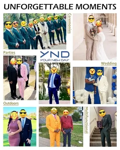 YND erkaklar uchun 3 qismli kostyum to'plami galstuk bilan, 2 tugmali tor bichimli tekis blazer kurtka jilet shim, erkaklar uchun biznes to'y ziyofati kostyumlari - 6