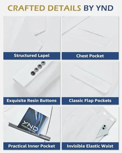 YND erkaklar uchun 3 qismli kostyum to'plami galstuk bilan, 2 tugmali tor bichimli tekis blazer kurtka jilet shim, erkaklar uchun biznes to'y ziyofati kostyumlari - 3