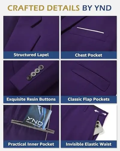 YND erkaklar uchun 3 qismli kostyum to'plami galstuk bilan, 2 tugmali tor bichimli tekis blazer pidjak jilet shim, erkaklar uchun biznes to'y ziyofati kostyumlari - 3