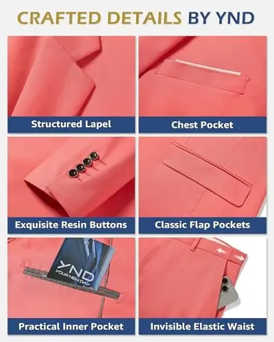 YND erkaklar uchun 3 qismli kostyum to'plami galstuk bilan, 2 tugmali tor bichimli tekis blazer pidjak jilet shim, erkaklar uchun biznes to'y ziyofati kostyumlari - 3