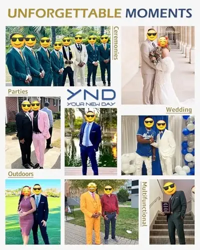 YND erkaklar uchun 3 qismli kostyum to'plami galstuk bilan, 2 tugmali tor bichimli tekis blazer pidjak jilet shim, erkaklar uchun biznes to'y ziyofati kostyumlari - 6