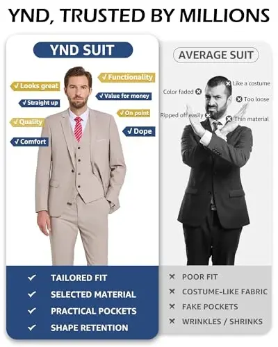 YND Men's 3 Piece Suit Set with Tie, 2 Button Slim Fit Solid Blazer Jacket Vest Pants, Business Wedding Party Suits for Men - 4