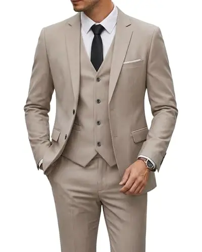 YND Men's 3 Piece Suit Set with Tie, 2 Button Slim Fit Solid Blazer Jacket Vest Pants, Business Wedding Party Suits for Men - 1