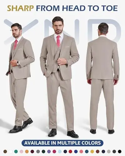 YND Men's 3 Piece Suit Set with Tie, 2 Button Slim Fit Solid Blazer Jacket Vest Pants, Business Wedding Party Suits for Men - 2