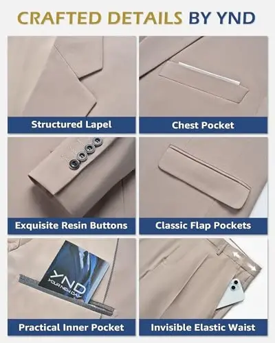 YND Men's 3 Piece Suit Set with Tie, 2 Button Slim Fit Solid Blazer Jacket Vest Pants, Business Wedding Party Suits for Men - 3