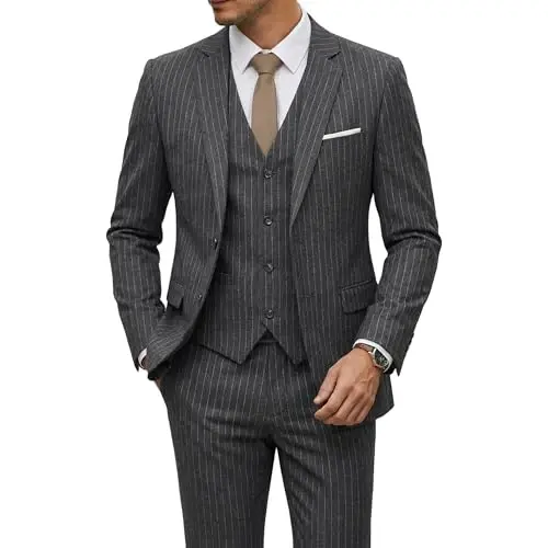 YND Men's 3 Piece Suit Set with Tie, 2 Button Slim Fit Solid Blazer Jacket Vest Pants, Business Wedding Party Suits for Men - YND