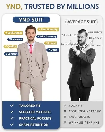 YND Men's 3 Piece Suit Set with Tie, 2 Button Slim Fit Solid Blazer Jacket Vest Pants, Business Wedding Party Suits for Men - 4
