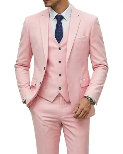 YND Men's 3 Piece Suit Set with Tie, 2 Button Slim Fit Solid Blazer Jacket Vest Pants, Business Wedding Party Suits for Men - YND
