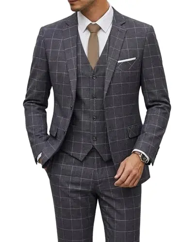 YND Men's 3 Piece Suit Set with Tie, 2 Button Slim Fit Solid Blazer Jacket Vest Pants, Business Wedding Party Suits for Men - YND