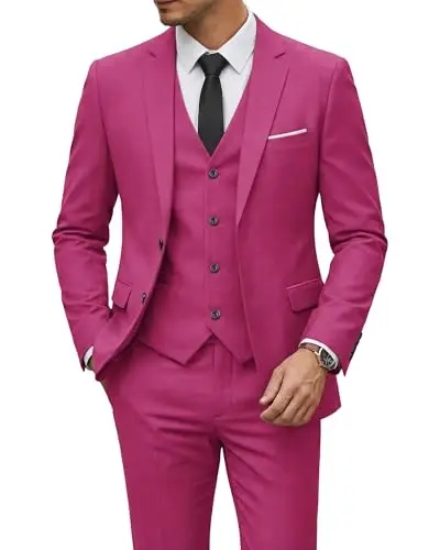 YND Men's 3 Piece Suit Set with Tie, 2 Button Slim Fit Solid Blazer Jacket Vest Pants, Business Wedding Party Suits for Men 