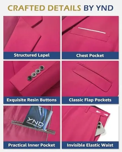 YND Men's 3 Piece Suit Set with Tie, 2 Button Slim Fit Solid Blazer Jacket Vest Pants, Business Wedding Party Suits for Men - 3