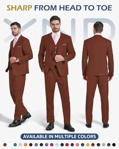 YND Men's 3 Piece Suit Set with Tie, 2 Button Slim Fit Solid Blazer Jacket Vest Pants, Business Wedding Party Suits for Men - 2