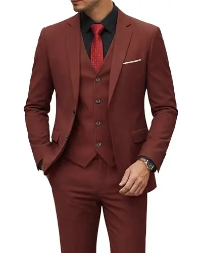 YND Men's 3 Piece Suit Set with Tie, 2 Button Slim Fit Solid Blazer Jacket Vest Pants, Business Wedding Party Suits for Men - YND