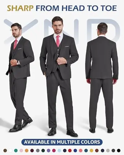 YND Men's 3 Piece Suit Set with Tie, 2 Button Slim Fit Solid Blazer Jacket Vest Pants, Business Wedding Party Suits for Men - 2