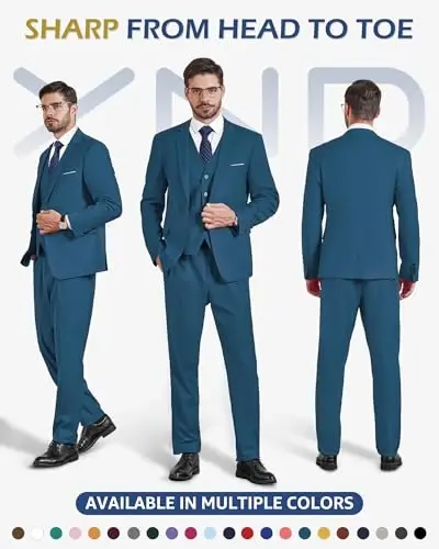 YND Men's 3 Piece Suit Set with Tie, 2 Button Slim Fit Solid Blazer Jacket Vest Pants, Business Wedding Party Suits for Men - 2