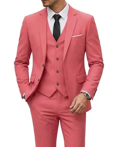 YND Men's 3 Piece Suit Set with Tie, 2 Button Slim Fit Solid Blazer Jacket Vest Pants, Business Wedding Party Suits for Men - 1