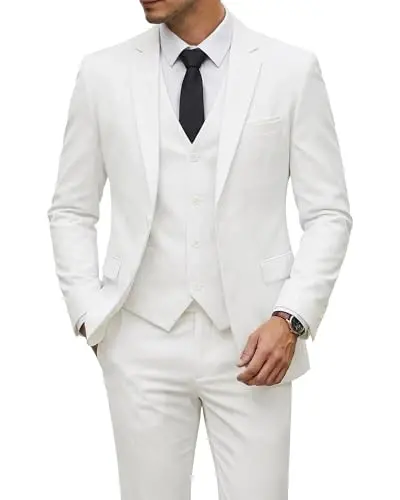 YND Men's 3 Piece Suit Set with Tie, 2 Button Slim Fit Solid Blazer Jacket Vest Pants, Business Wedding Party Suits for Men - YND