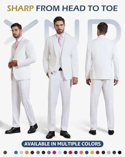 YND Men's 3 Piece Suit Set with Tie, 2 Button Slim Fit Solid Blazer Jacket Vest Pants, Business Wedding Party Suits for Men - 2