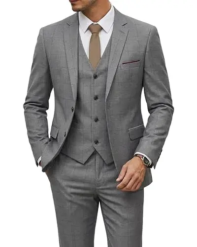 YND Men's 3 Piece Suit Set with Tie, 2 Button Slim Fit Solid Blazer Jacket Vest Pants, Business Wedding Party Suits for Men - YND