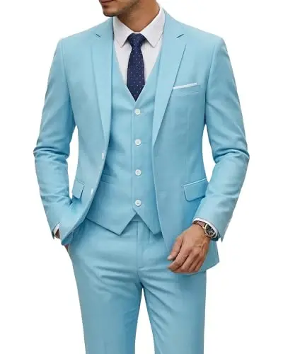 YND Men's 3 Piece Suit Set with Tie, 2 Button Slim Fit Solid Blazer Jacket Vest Pants, Business Wedding Party Suits for Men - 1