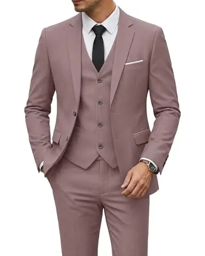 YND Men's 3 Piece Suit Set with Tie, 2 Button Slim Fit Solid Blazer Jacket Vest Pants, Business Wedding Party Suits for Men 