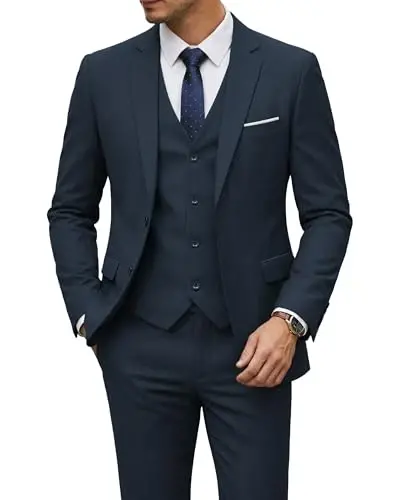 YND Men's 3 Piece Suit Set with Tie, 2 Button Slim Fit Solid Blazer Jacket Vest Pants, Business Wedding Party Suits for Men - YND