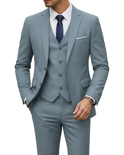 YND Men's 3 Piece Suit Set with Tie, 2 Button Slim Fit Solid Blazer Jacket Vest Pants, Business Wedding Party Suits for Men - YND