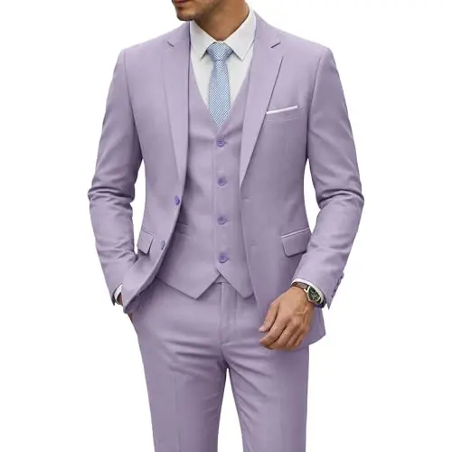 YND Men's 3 Piece Suit Set with Tie, 2 Button Slim Fit Solid Blazer Jacket Vest Pants, Business Wedding Party Suits for Men - YND