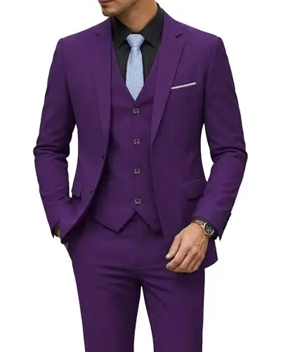YND Men's 3 Piece Suit Set with Tie, 2 Button Slim Fit Solid Blazer Jacket Vest Pants, Business Wedding Party Suits for Men - YND