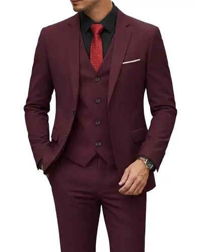 YND Men's 3 Piece Suit Set with Tie, 2 Button Slim Fit Solid Blazer Jacket Vest Pants, Business Wedding Party Suits for Men - YND