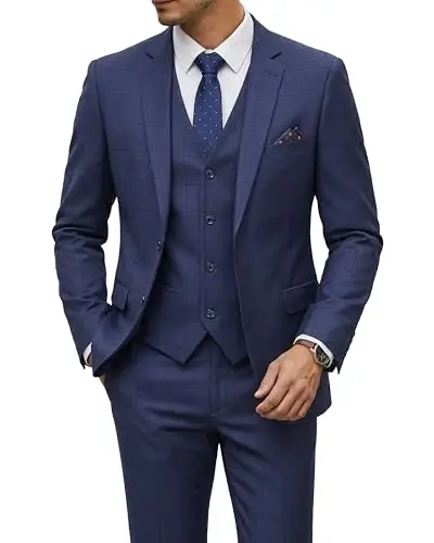 YND Men's 3 Piece Suit Set with Tie, 2 Button Slim Fit Solid Blazer Jacket Vest Pants, Business Wedding Party Suits for Men - YND