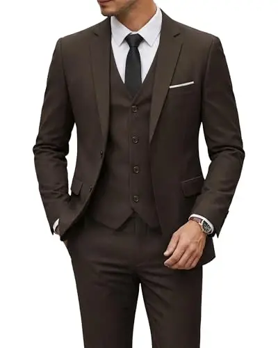 YND Men's 3 Piece Suit Set with Tie, 2 Button Slim Fit Solid Blazer Jacket Vest Pants, Business Wedding Party Suits for Men - YND