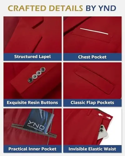 YND Men's 3 Piece Suit Set with Tie, 2 Button Slim Fit Solid Blazer Jacket Vest Pants, Business Wedding Party Suits for Men - 3