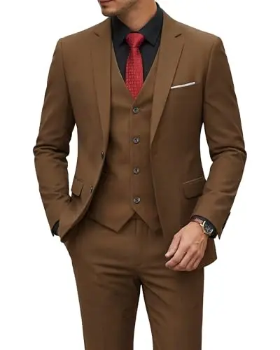 YND Men's 3 Piece Suit Set with Tie, 2 Button Slim Fit Solid Blazer Jacket Vest Pants, Business Wedding Party Suits for Men - YND