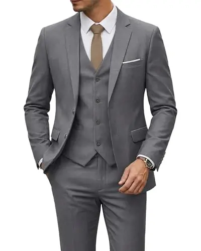 YND Men's 3 Piece Suit Set with Tie, 2 Button Slim Fit Solid Blazer Jacket Vest Pants, Business Wedding Party Suits for Men - YND