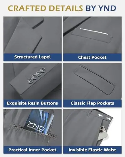 YND Men's 3 Piece Suit Set with Tie, 2 Button Slim Fit Solid Blazer Jacket Vest Pants, Business Wedding Party Suits for Men - 3