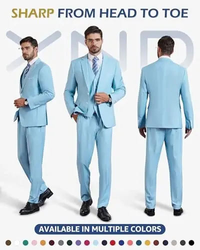 YND Men's 3 Piece Suit Set with Tie, 2 Button Slim Fit Solid Blazer Jacket Vest Pants, Business Wedding Party Suits for Men - 2