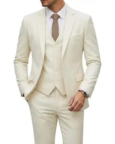 YND Men's 3 Piece Suit Set with Tie, 2 Button Slim Fit Solid Blazer Jacket Vest Pants, Business Wedding Party Suits for Men - YND
