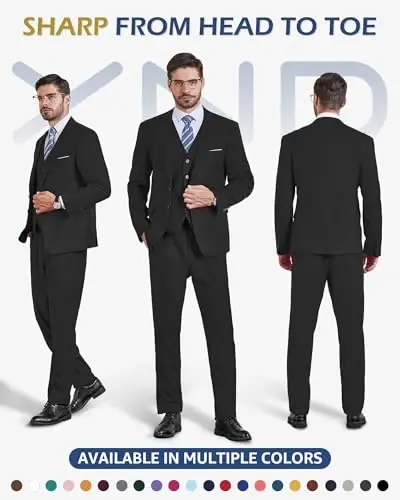 YND Men's 3 Piece Suit Set with Tie, 2 Button Slim Fit Solid Blazer Jacket Vest Pants, Business Wedding Party Suits for Men - 2