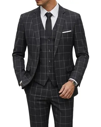 YND Men's 3 Piece Suit Set with Tie, 2 Button Slim Fit Solid Blazer Jacket Vest Pants, Business Wedding Party Suits for Men 