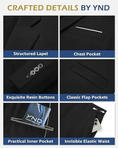 YND Men's 3 Piece Suit Set with Tie, 2 Button Slim Fit Solid Blazer Jacket Vest Pants, Business Wedding Party Suits for Men - 3