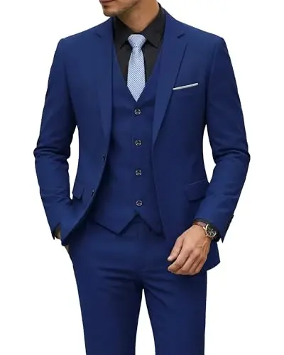 YND Men's 3 Piece Suit Set with Tie, 2 Button Slim Fit Solid Blazer Jacket Vest Pants, Business Wedding Party Suits for Men 