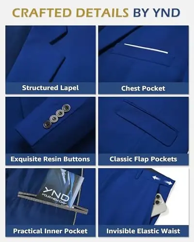 YND Men's 3 Piece Suit Set with Tie, 2 Button Slim Fit Solid Blazer Jacket Vest Pants, Business Wedding Party Suits for Men - 3