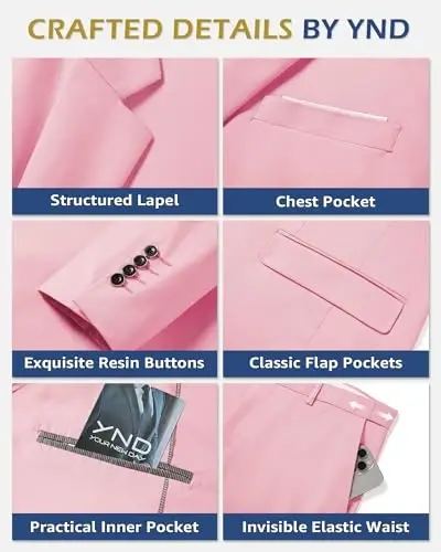 YND Men's 3 Piece Suit Set with Tie, 2 Button Slim Fit Solid Blazer Jacket Vest Pants, Business Wedding Party Suits for Men - 3