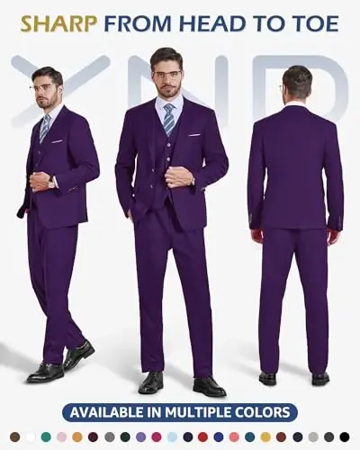 YND Men's 3 Piece Suit Set with Tie, 2 Button Slim Fit Solid Blazer Jacket Vest Pants, Business Wedding Party Suits for Men - 2