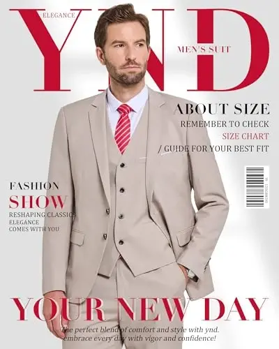 YND Men's 3 Piece Suit Set with Tie, 2 Button Slim Fit Solid Blazer Jacket Vest Pants, Business Wedding Party Suits for Men - 6